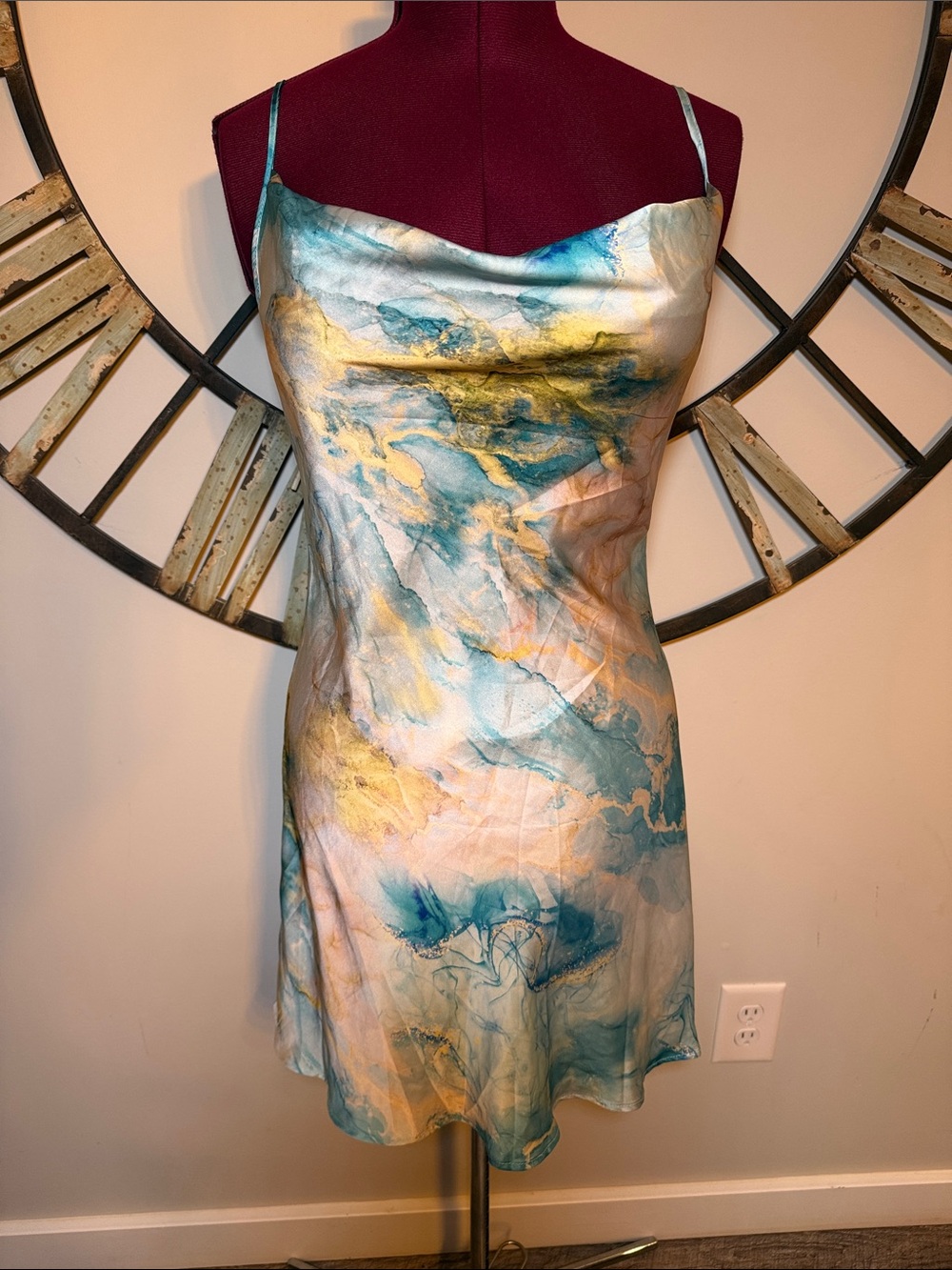 Silk-Blend Cowl Neck Slip Dress in Teal & Gold